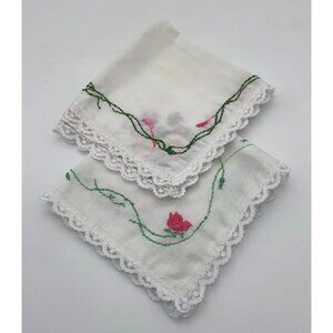 Pair of 11in Square Hand Embroidered Floral Lace Trimmed Vintage Handkerchiefs
